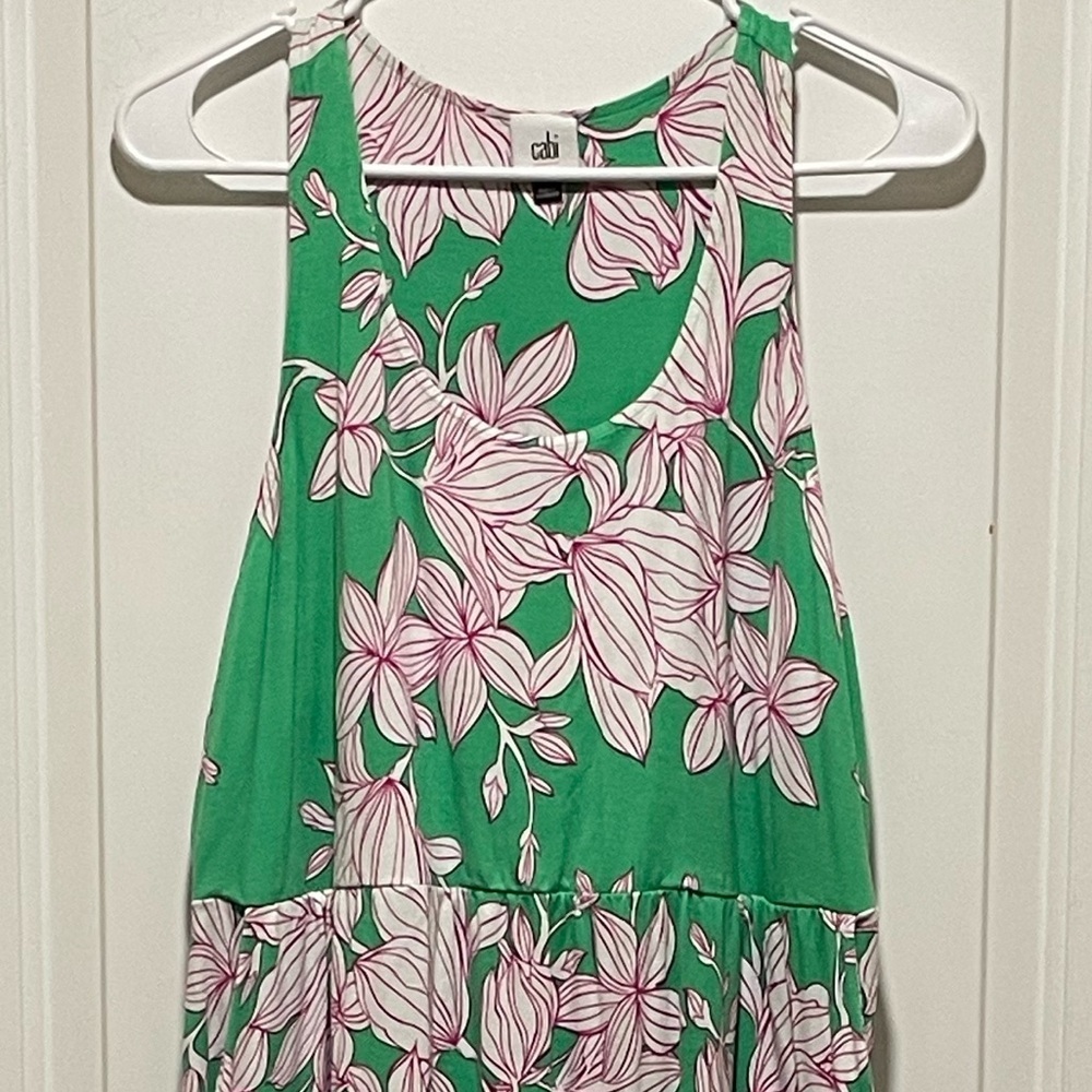CAbi Weekend Dress #6217 Sz Large Green Tiered Midi Tank Dress Pink White Floral - Picture 4 of 11